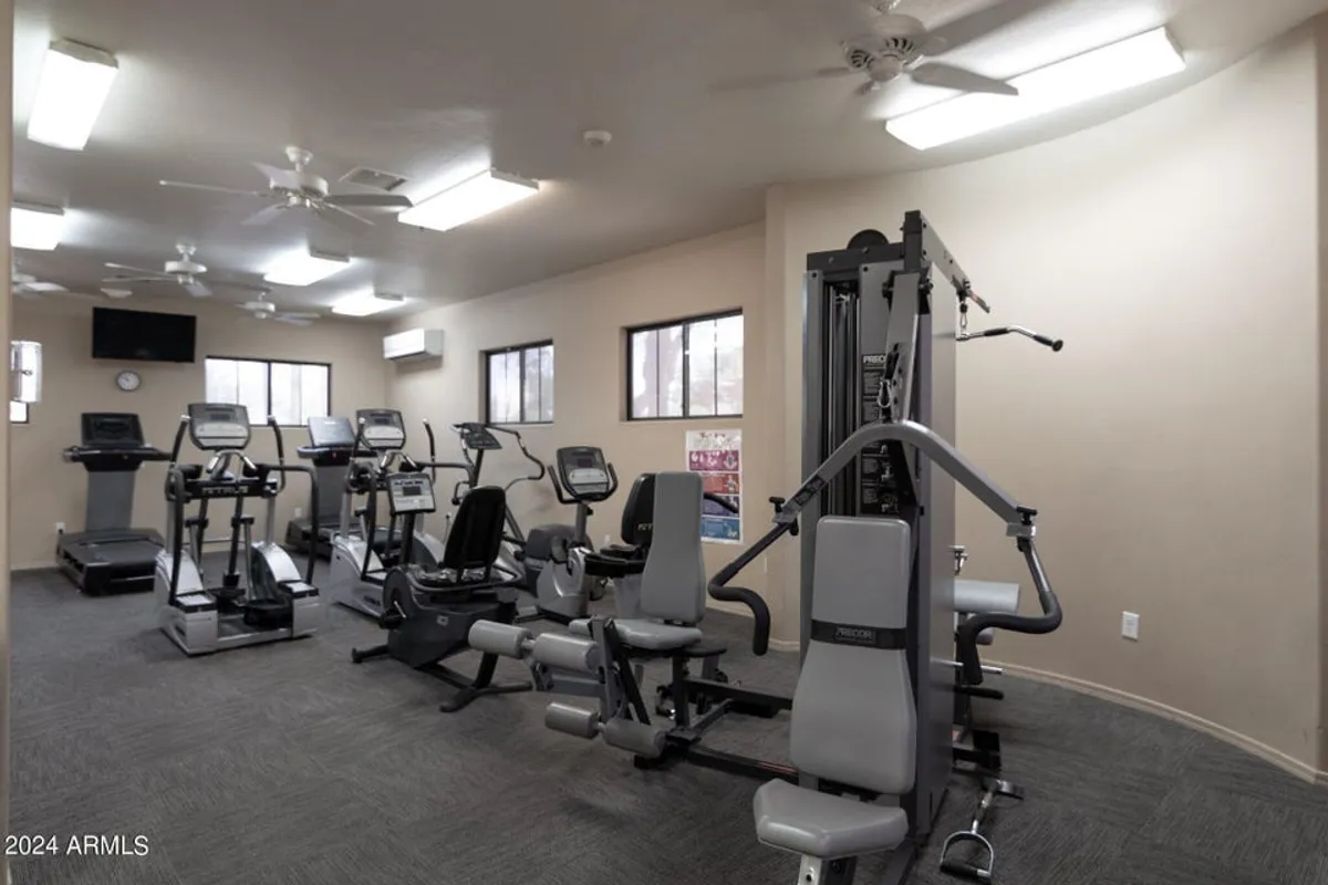 A modern, well-equipped fitness center with treadmills, elliptical machines, and weight-training equipment positioned beside large windows. The space is bright, energizing, and designed for both solo and group workouts.