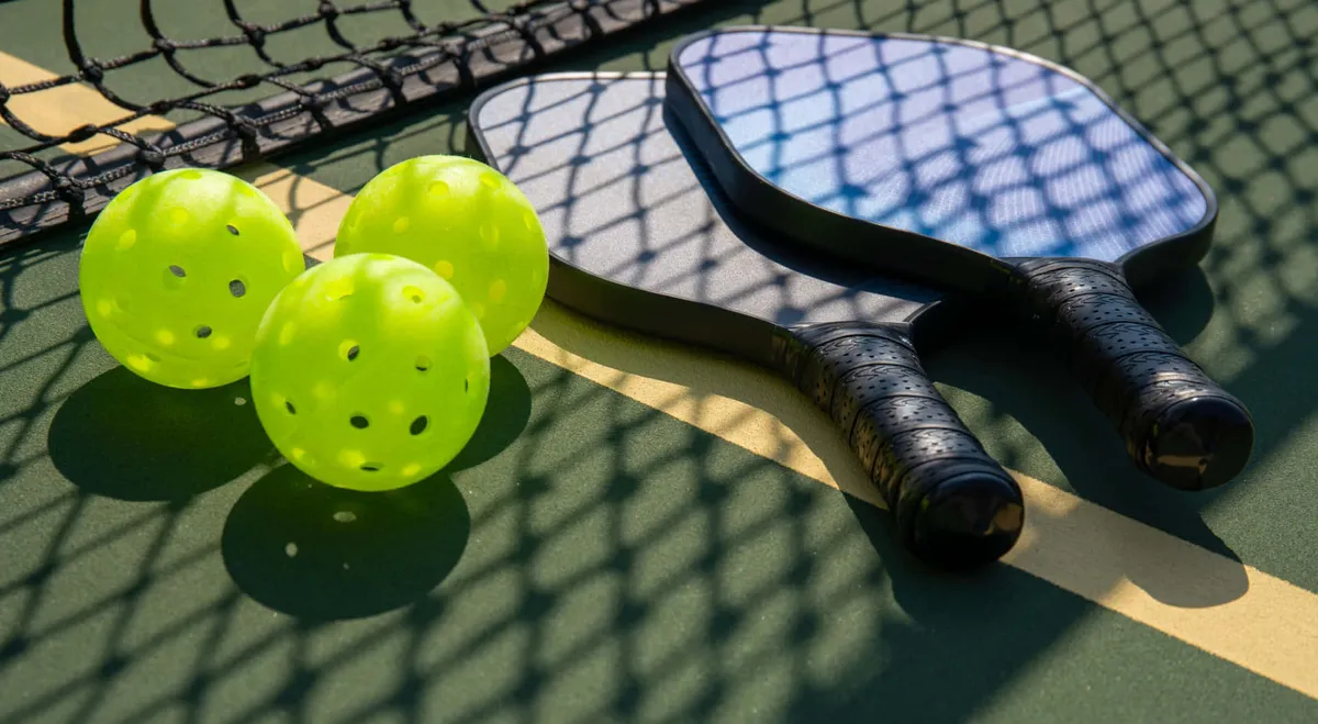 A lively pickleball court scene featuring two paddles and three bright yellow pickleballs placed on the court, with netting visible. The mood is playful, evoking a sense of community activity and social engagement.